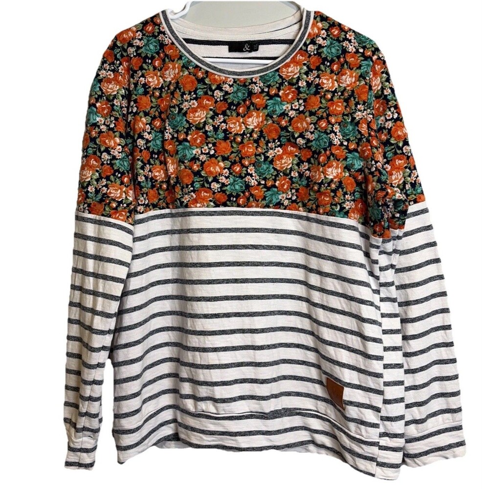 Ampersand Ave Tunic Sz XXL Womens Floral & Striped Orange Gray Tunic Cottagecore